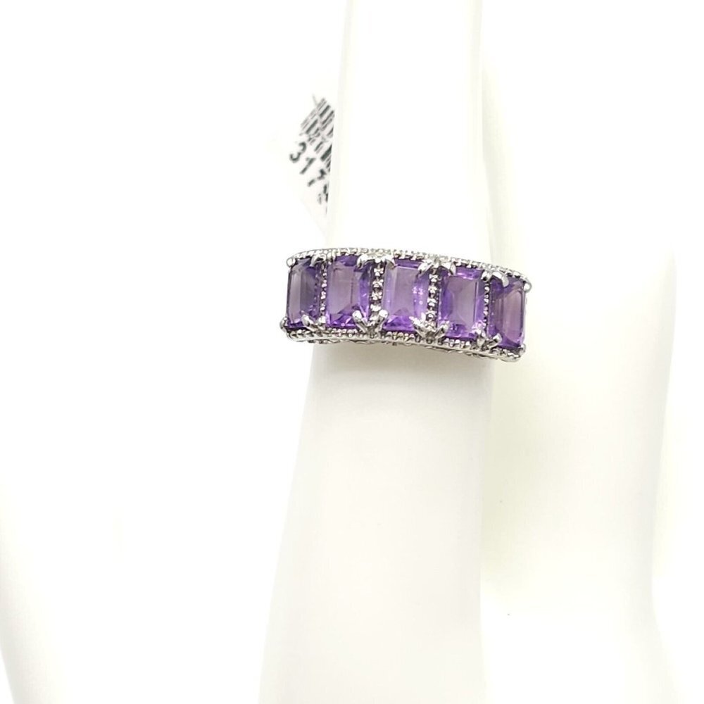 Purple Amethyst Filigree Panel Ring Silver Plated Size 6 Signed SB